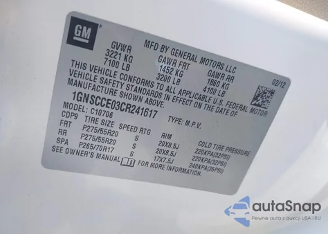 2012 Chevrolet Tahoe Ltz z USA, uszkodzony, nr VIN 1GNSCCE03CR241617